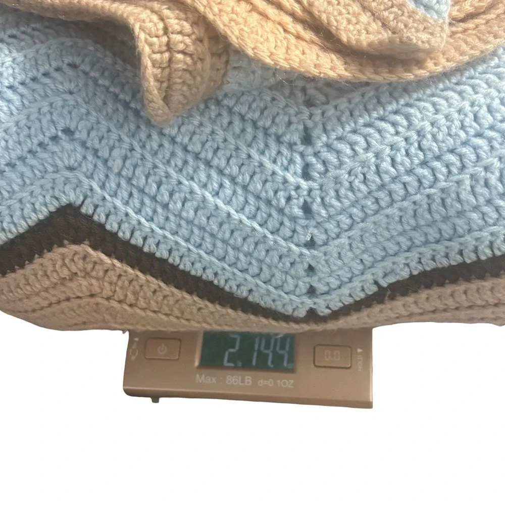 Vintage Handmade Crochet Chevron Ripple Afghan‎ Throw Blanket Blue Brown 51x32